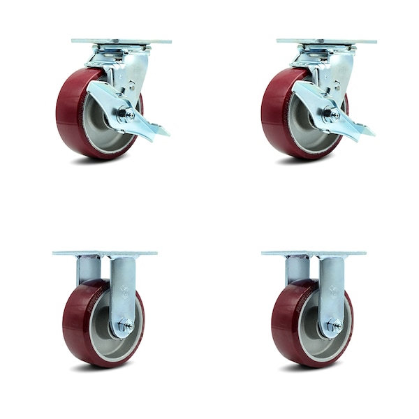 5 Inch Poly on Aluminum Caster Set with Ball Bearings 2 Brakes 2 Rigid SCC